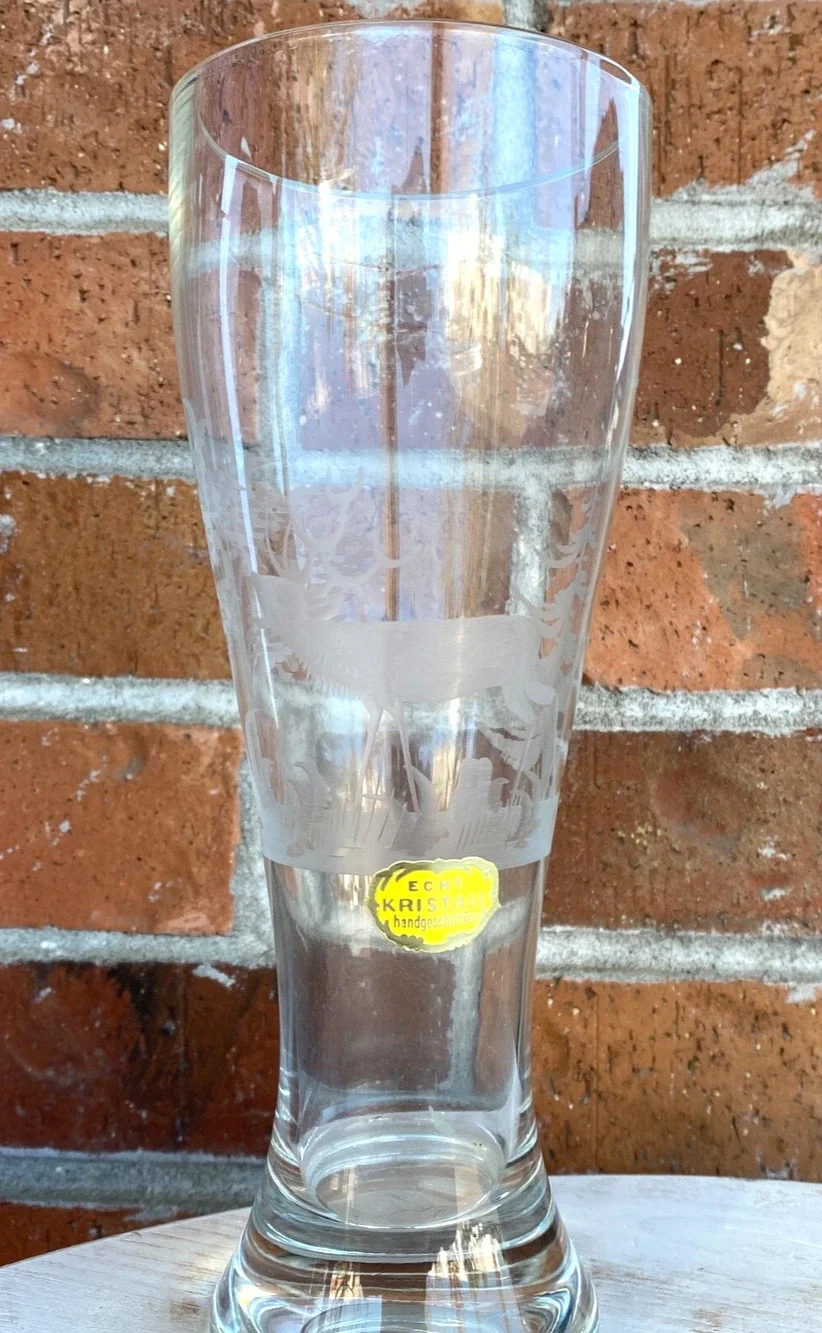 ECHT KRISTALL Pilsner Glass Etched Stag and Trees Beer Glass